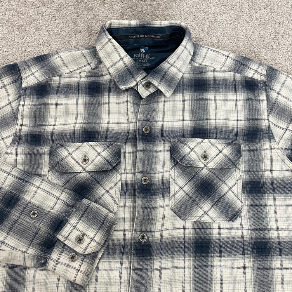 KUHL Dillingr Flannel Shirt Mens Small Blue White Plaid Button Up